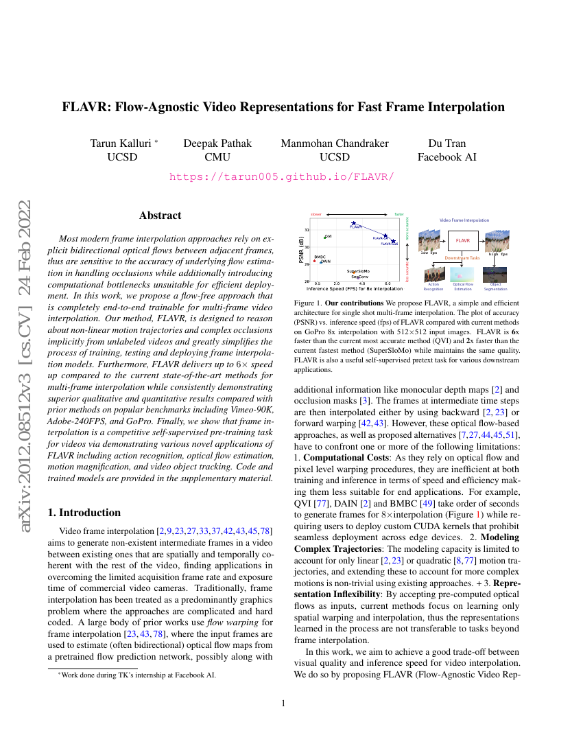 FLAVR:用于快速帧插值的流无关视频表示