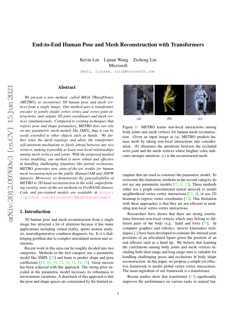 端到端的人体姿态和网格重建使用Transformer模型