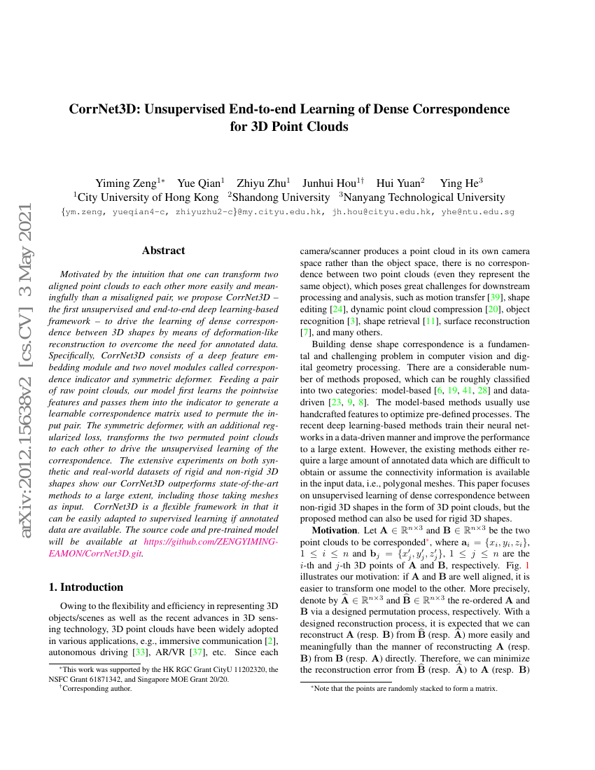 CorrNet3D:无监督端到端学习三维点云的密集对应关系