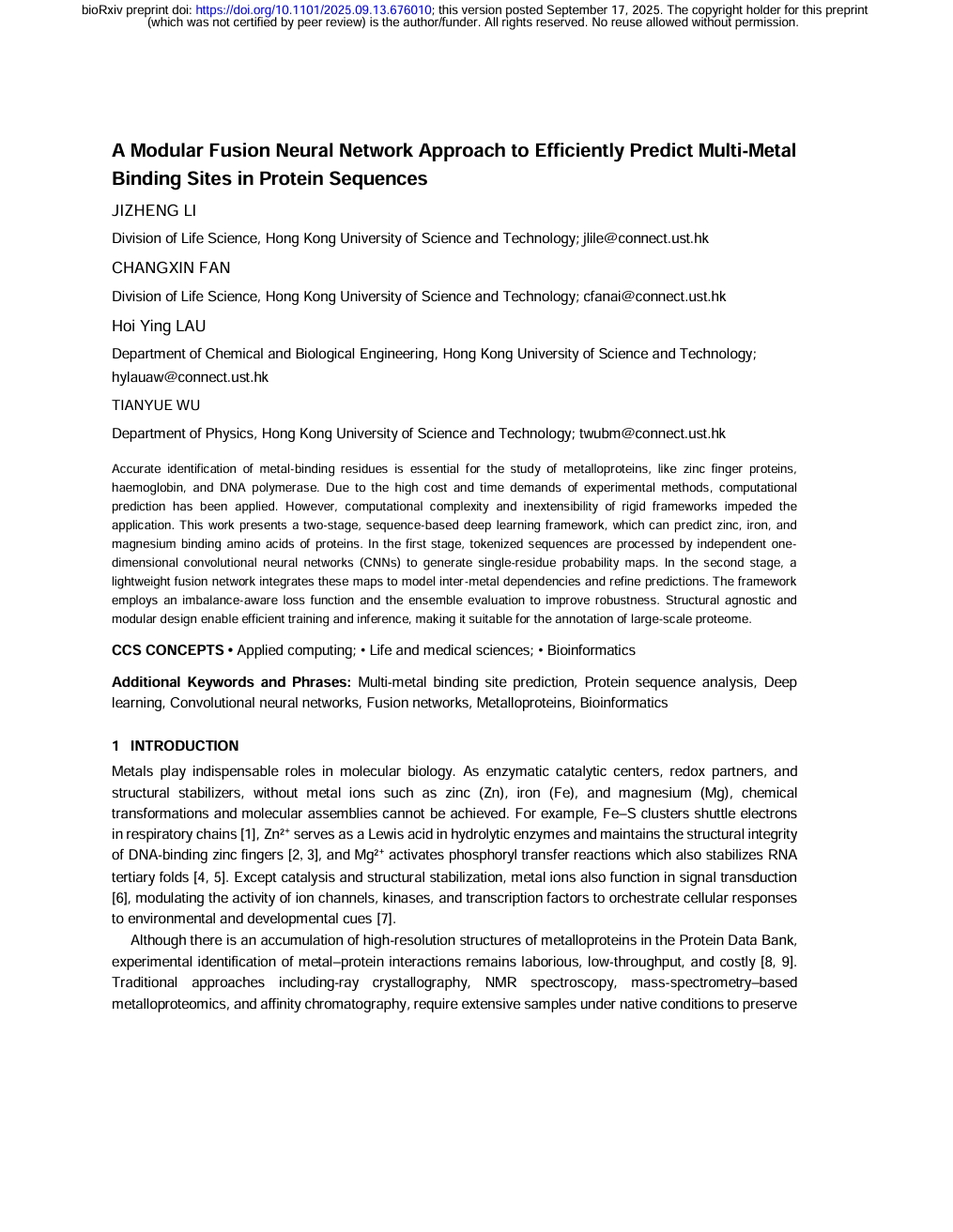 A Modular Fusion Neural Network Approach to Efficiently Predict Multi-Metal Binding Sites in Protein Sequences