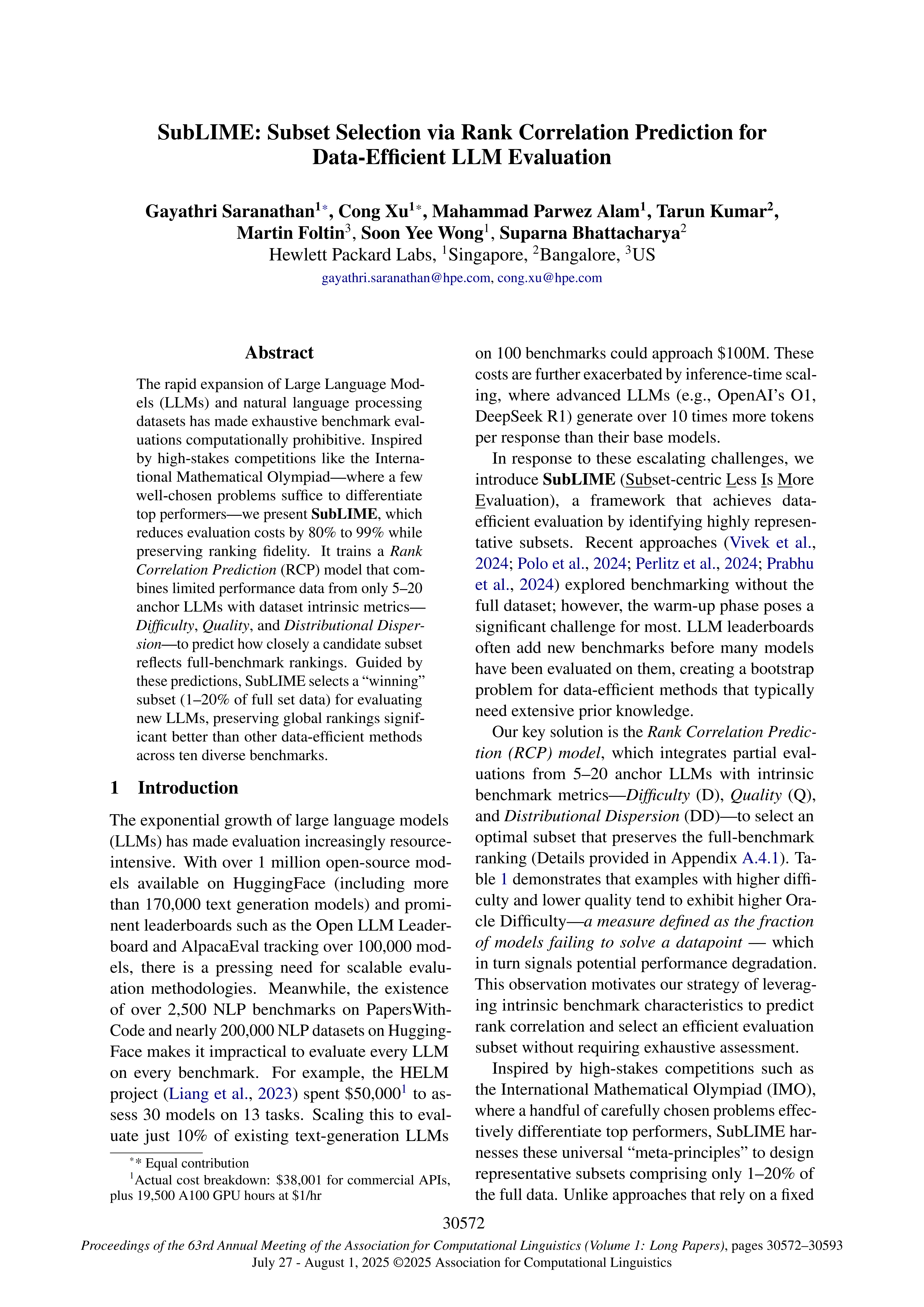 SubLIME: Subset Selection via Rank Correlation Prediction for Data-Efficient LLM Evaluation