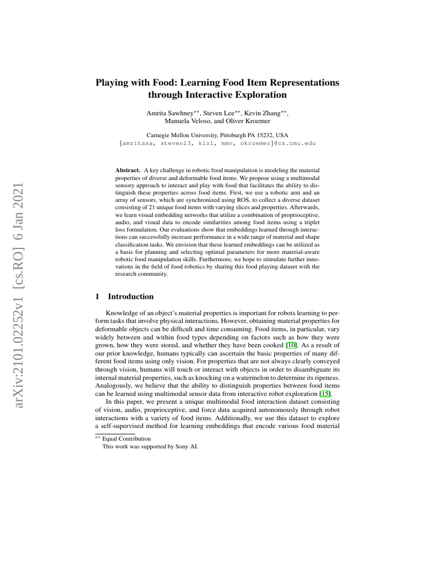 Playing with Food: Learning Food Item Representations through Interactive Exploration