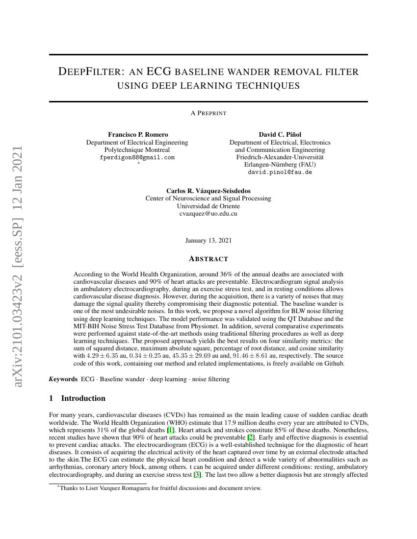 DeepFilter:一种基于深度学习技术的ECG基线漂移去除滤波器