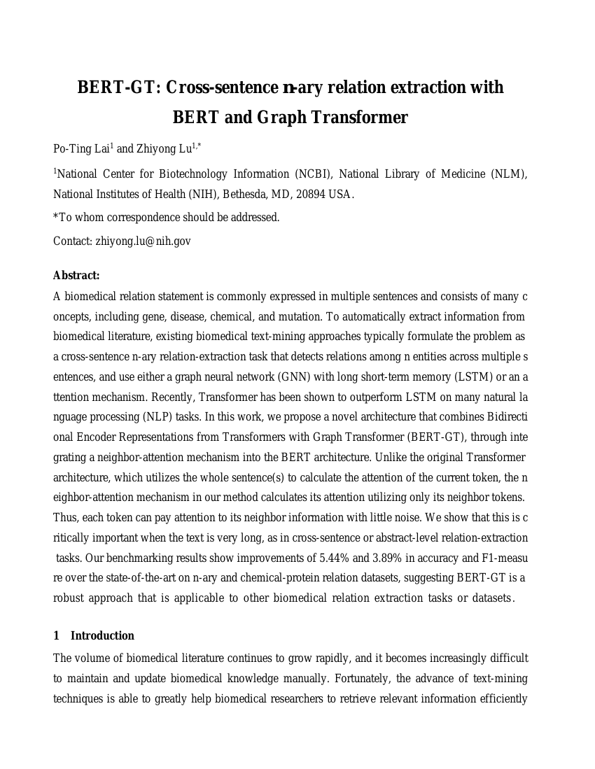 BERT-GT:基于BERT和图变换器的跨句子n元关系抽取