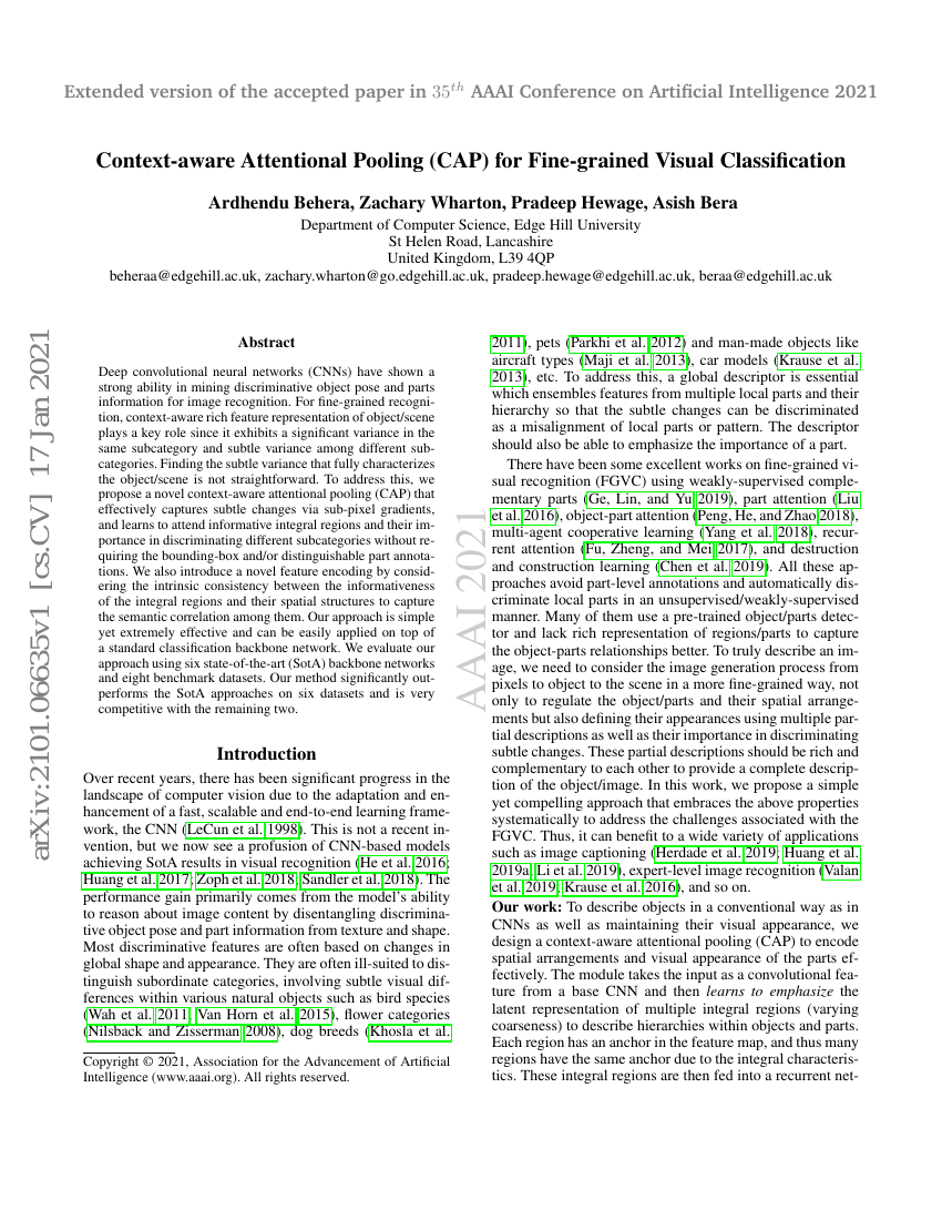 上下文感知的注意力池化(Context-aware Attentional Pooling, CAP)用于细粒度视觉分类