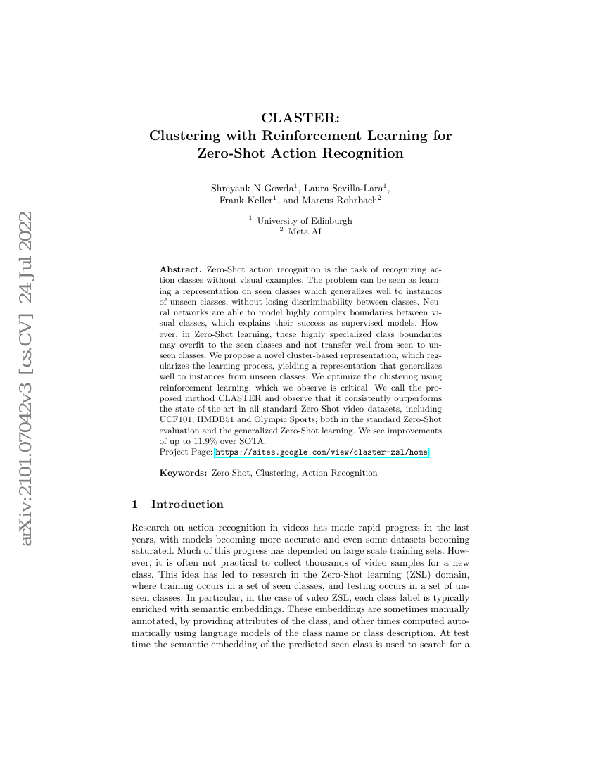 CLASTER:基于强化学习的聚类方法用于零样本动作识别