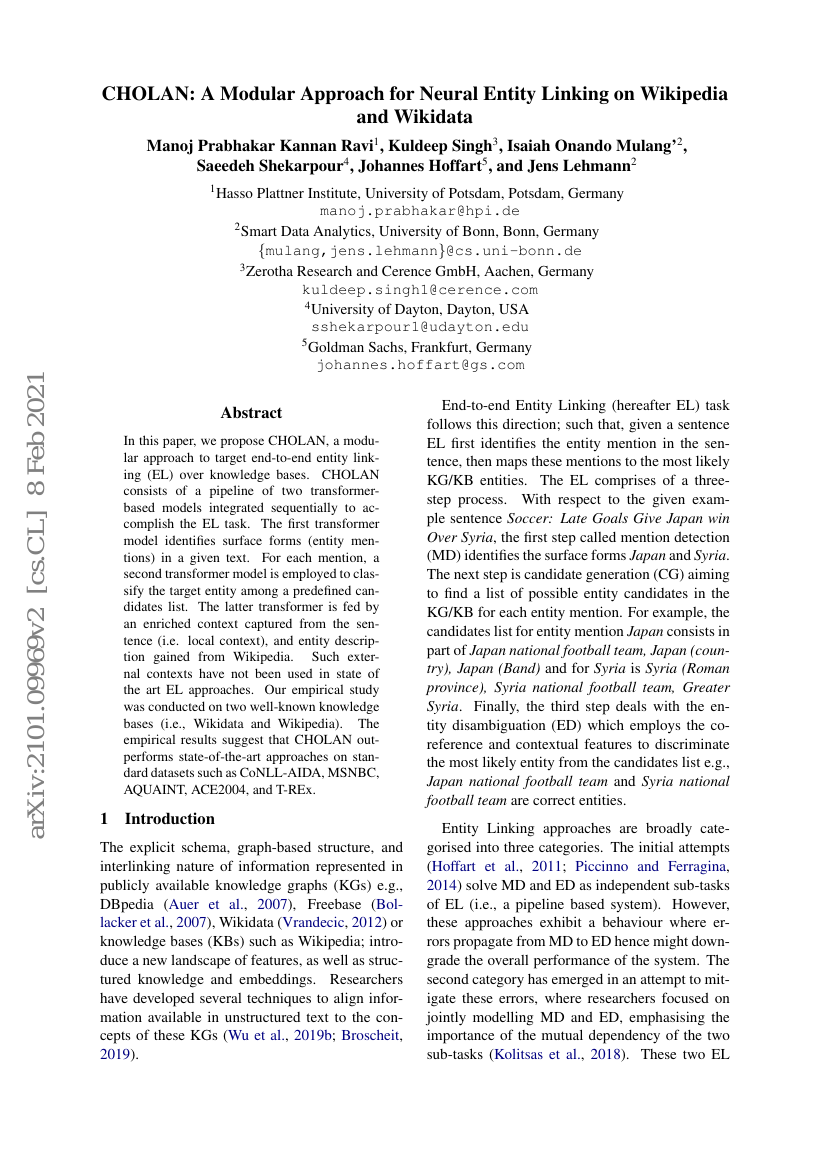 CHOLAN:一种面向维基百科与Wikidata的神经实体链接模块化方法