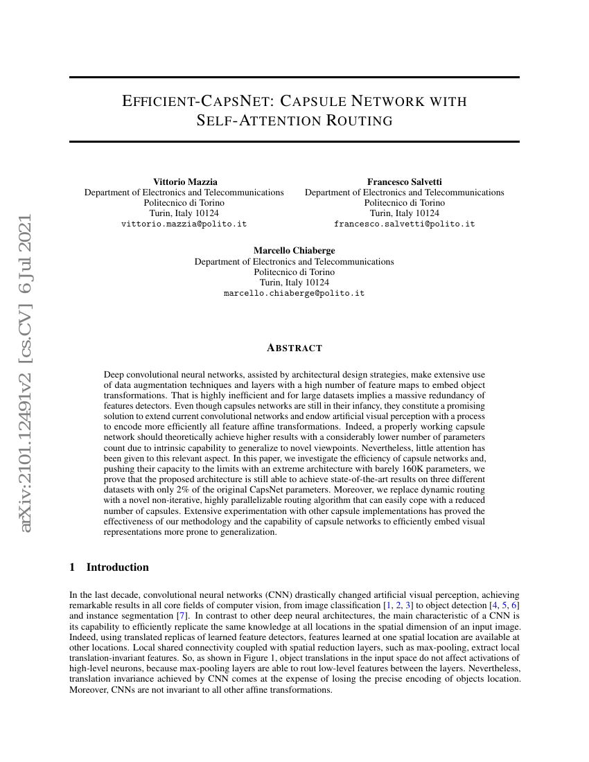 Efficient-CapsNet:具有自注意力路由的胶囊网络