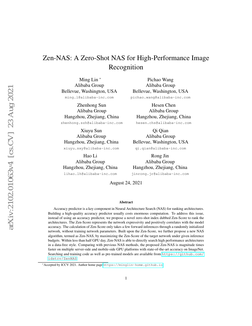Zen-NAS:一种面向高性能深度图像识别的零样本NAS
