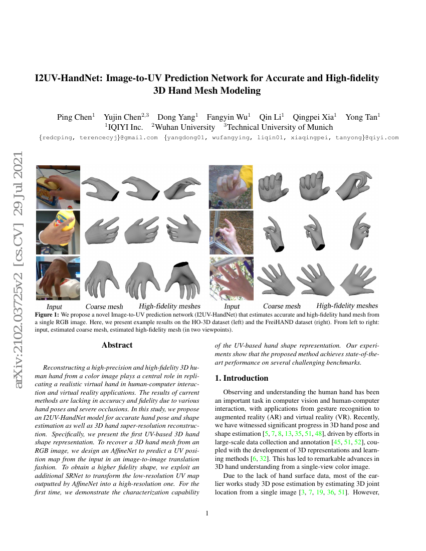 I2UV-HandNet:用于高精度与高保真三维手部网格建模的图像到UV映射预测网络