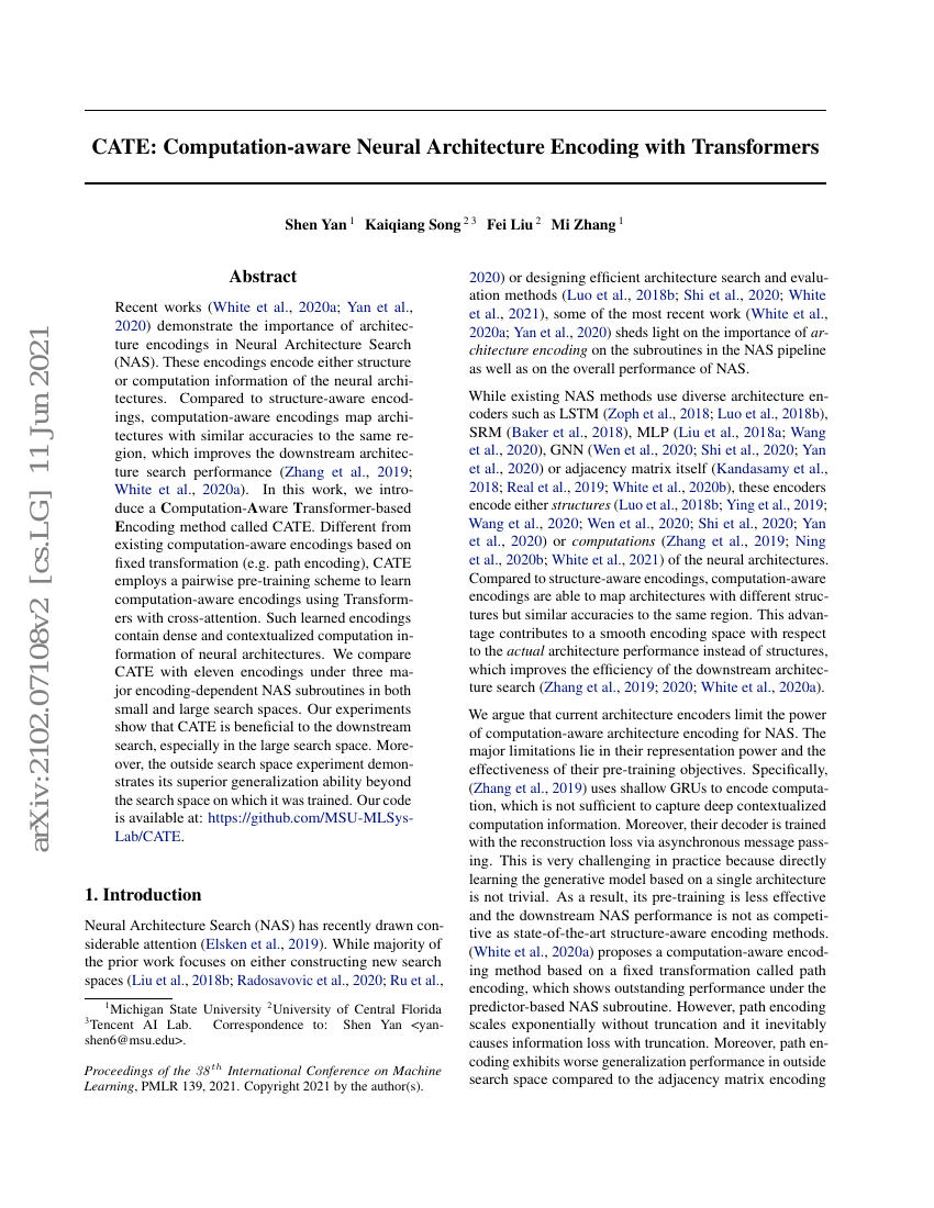 CATE:基于Transformer的计算感知神经架构编码