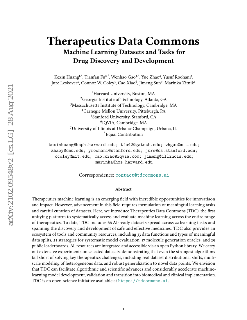 Therapeutics Data Commons：用于药物发现和开发的机器学习数据集和任务