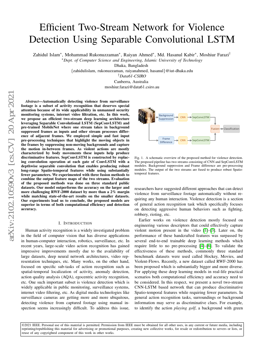 基于可分离卷积LSTM的高效双流网络用于暴力行为检测