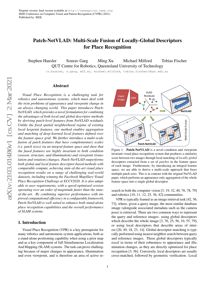 Patch-NetVLAD:用于场景识别的局部-全局描述符多尺度融合