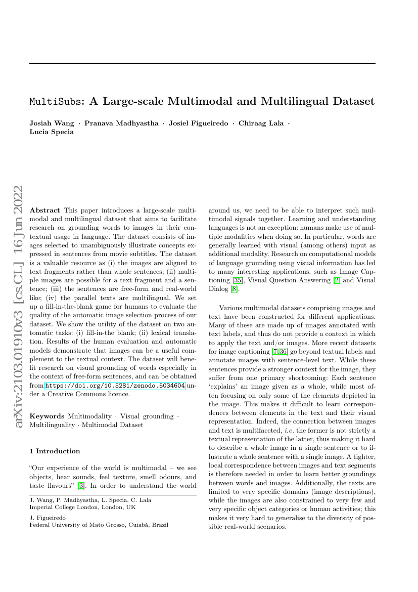 MultiSubs:大规模多模态和多语言数据集