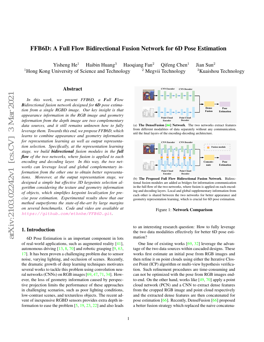 FFB6D:一种用于6D姿态估计的全流双向融合网络