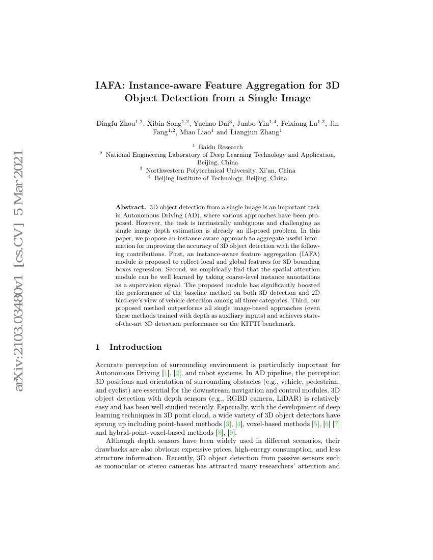 IAFA:面向单张图像3D目标检测的实例感知特征聚合