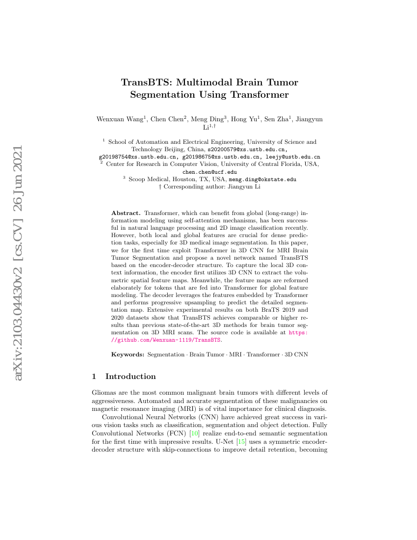 TransBTS:基于Transformer的多模态脑肿瘤分割