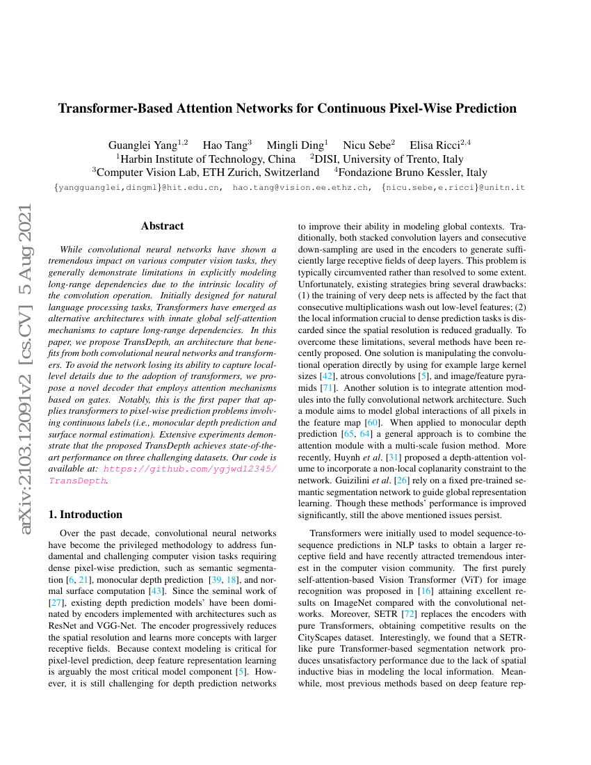 基于Transformer的注意力网络用于连续像素级预测