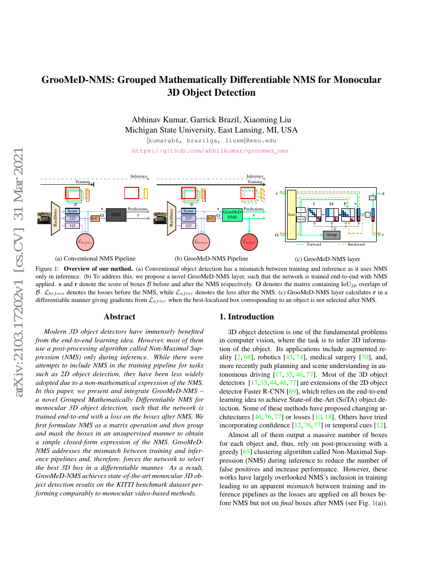 GrooMeD-NMS:用于单目3D目标检测的分组数学可微NMS