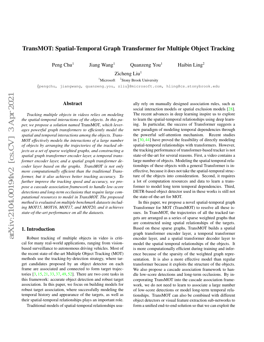 TransMOT:用于多目标跟踪的时空图Transformer