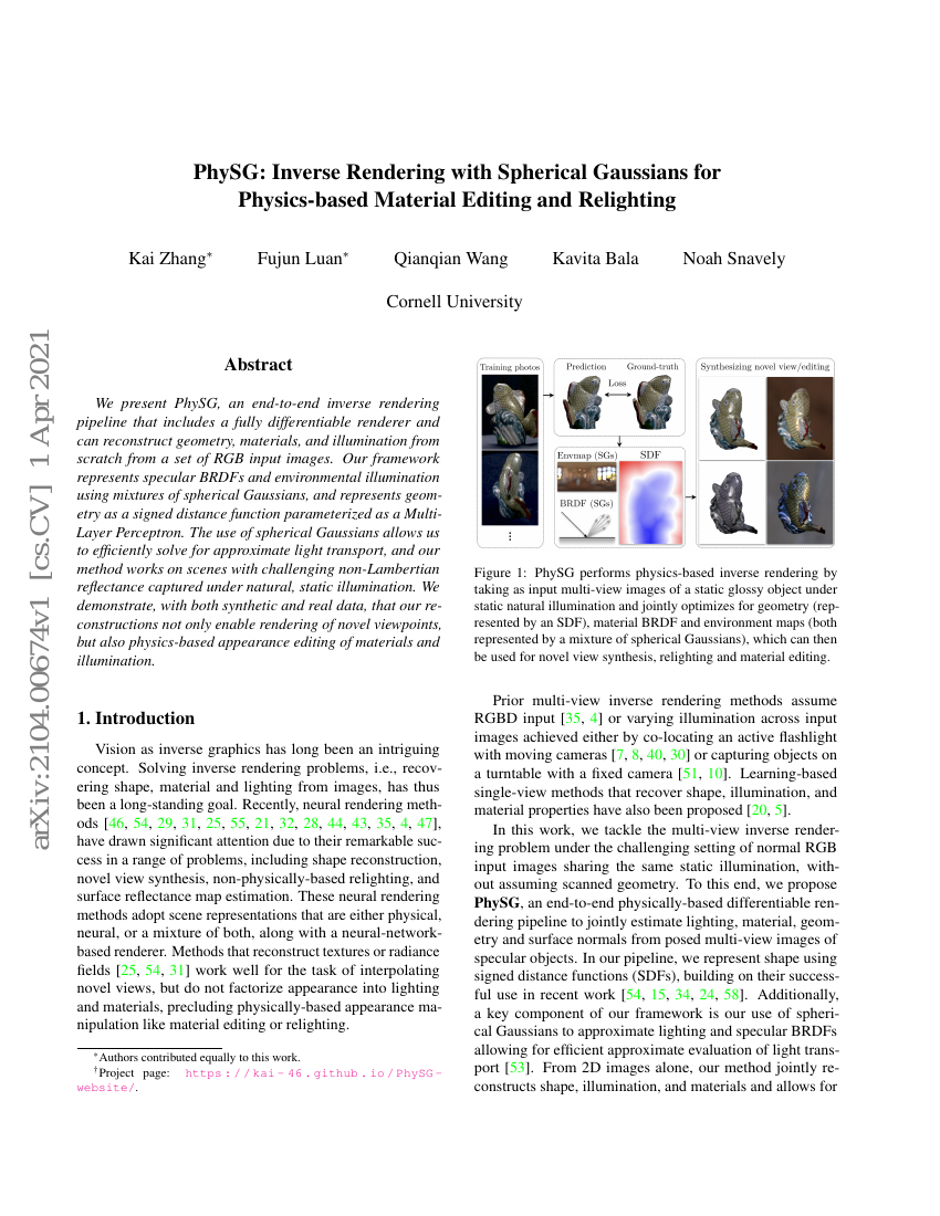 PhySG:基于球面高斯的逆向渲染用于物理材质编辑和重新照明