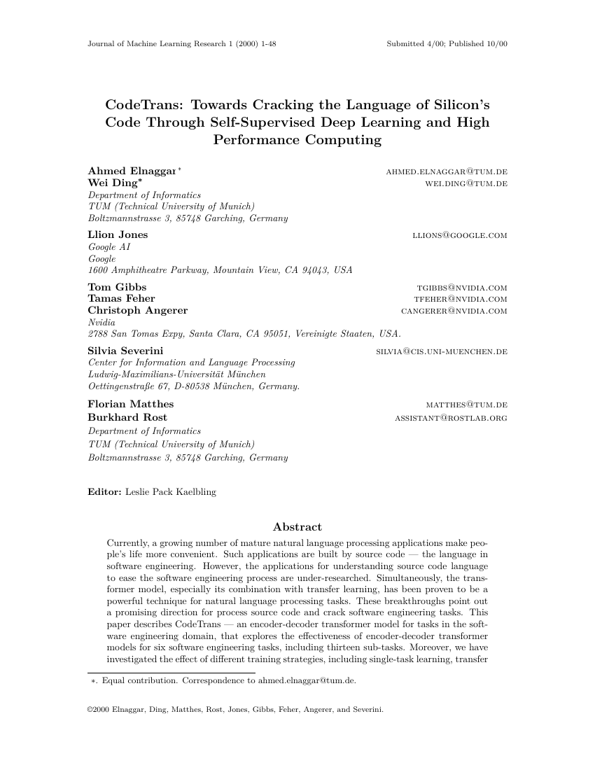 CodeTrans:通过自监督深度学习和高性能计算破解硅代码的语言