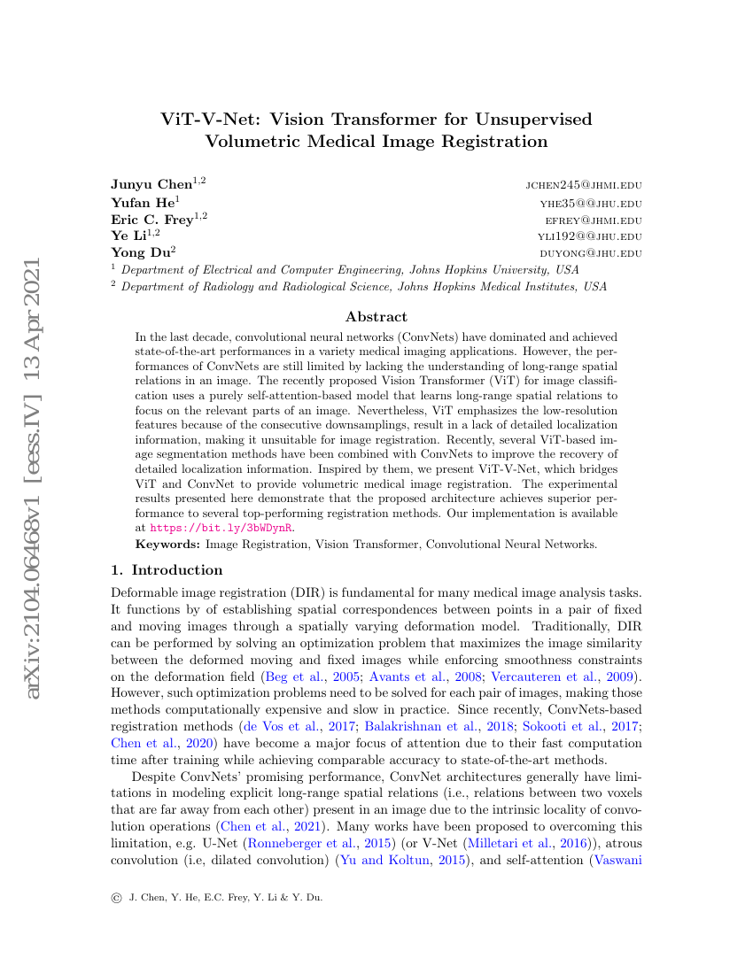 ViT-V-Net:用于无监督体积医学图像配准的视觉Transformer