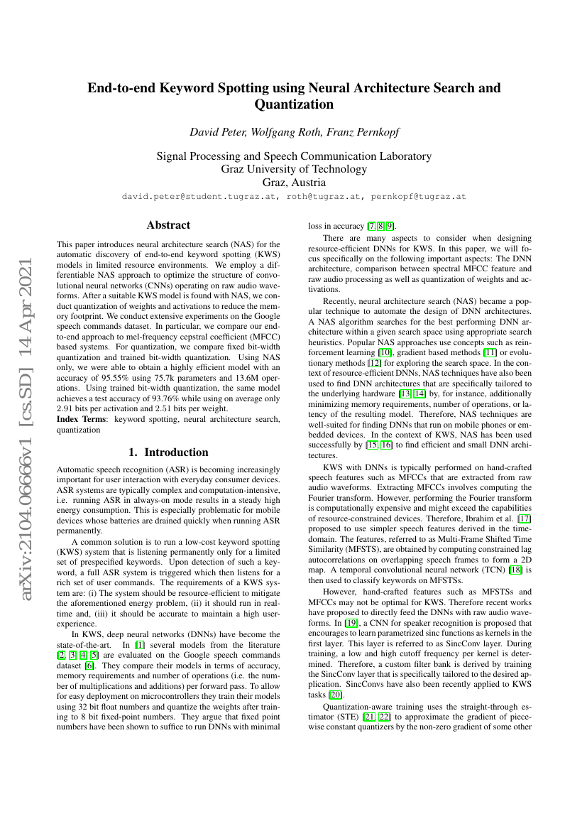 基于神经架构搜索与量化技术的端到端关键词检测