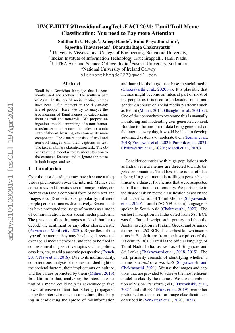 UVCE-IIITT@DravidianLangTech-EACL2021:泰米尔语网络恶搞图片分类:需要投入更多关注