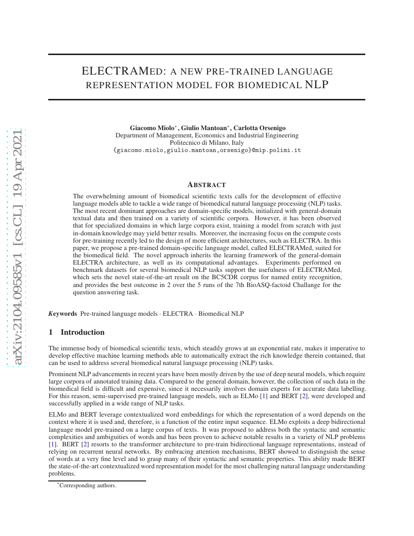 ELECTRAMed:一种新的用于生物医学自然语言处理的预训练语言表示模型