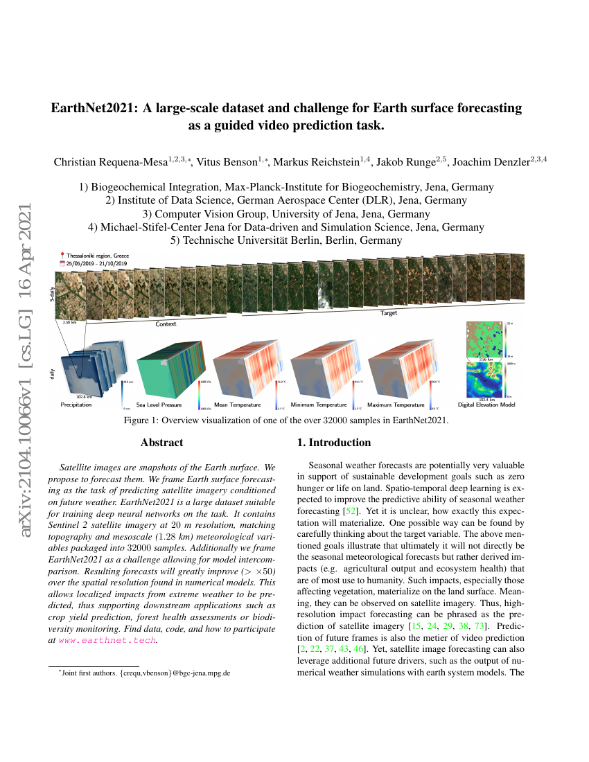 EarthNet2021：一个大规模的数据集和挑战，用于地球表面预报的引导视频预测任务