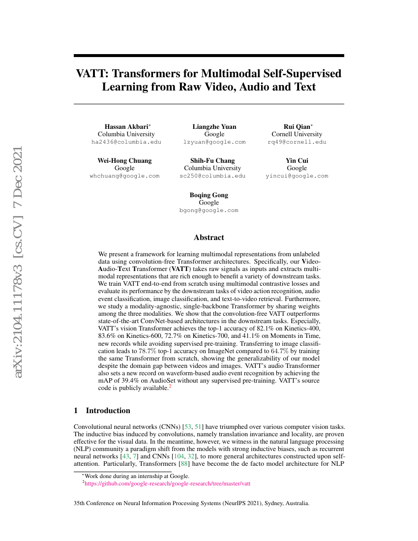 VATT:用于从原始视频、音频和文本中进行多模态自监督学习的Transformer
