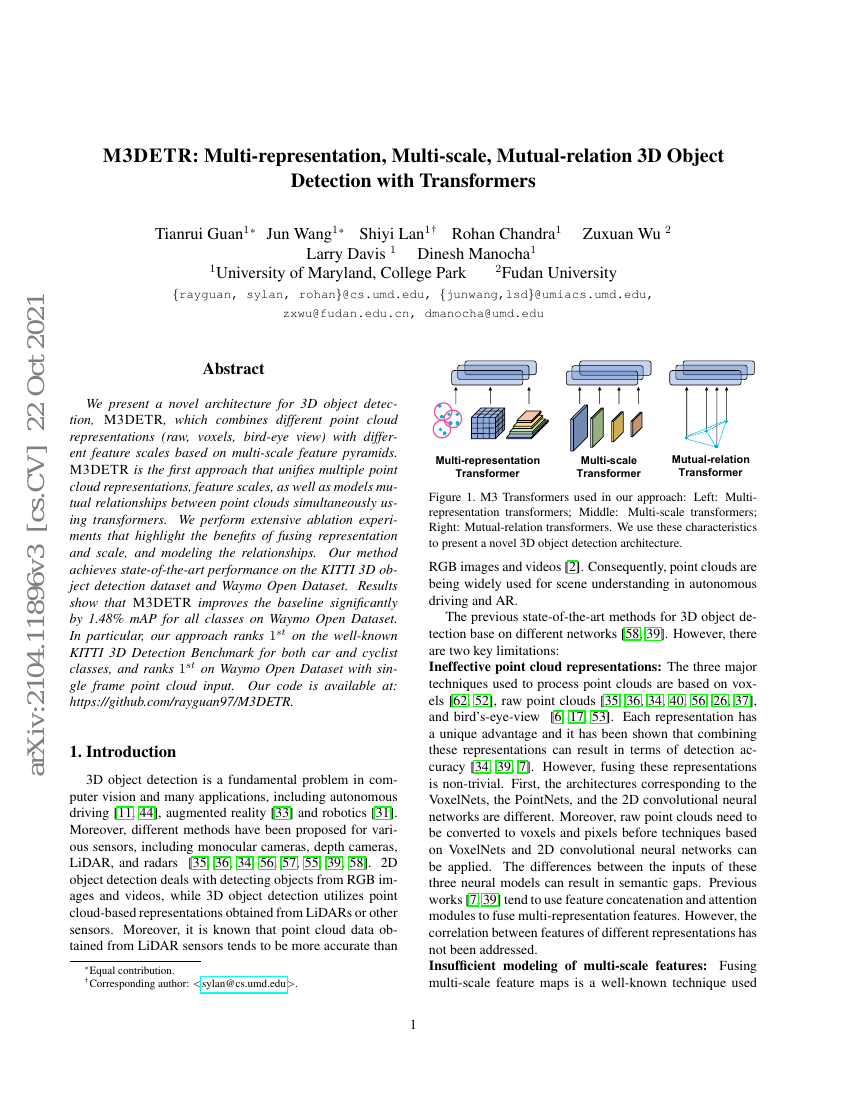 M3DeTR:基于Transformer的多表征、多尺度、互关系3D目标检测