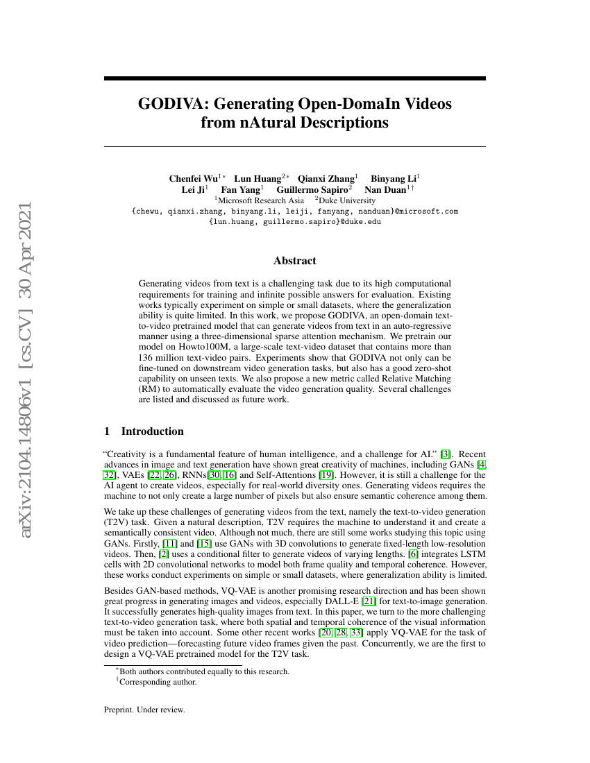 GODIVA:从自然描述生成开放域视频