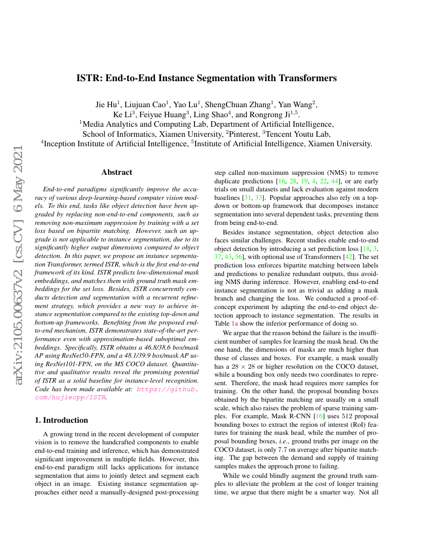 ISTR:基于Transformer的端到端实例分割