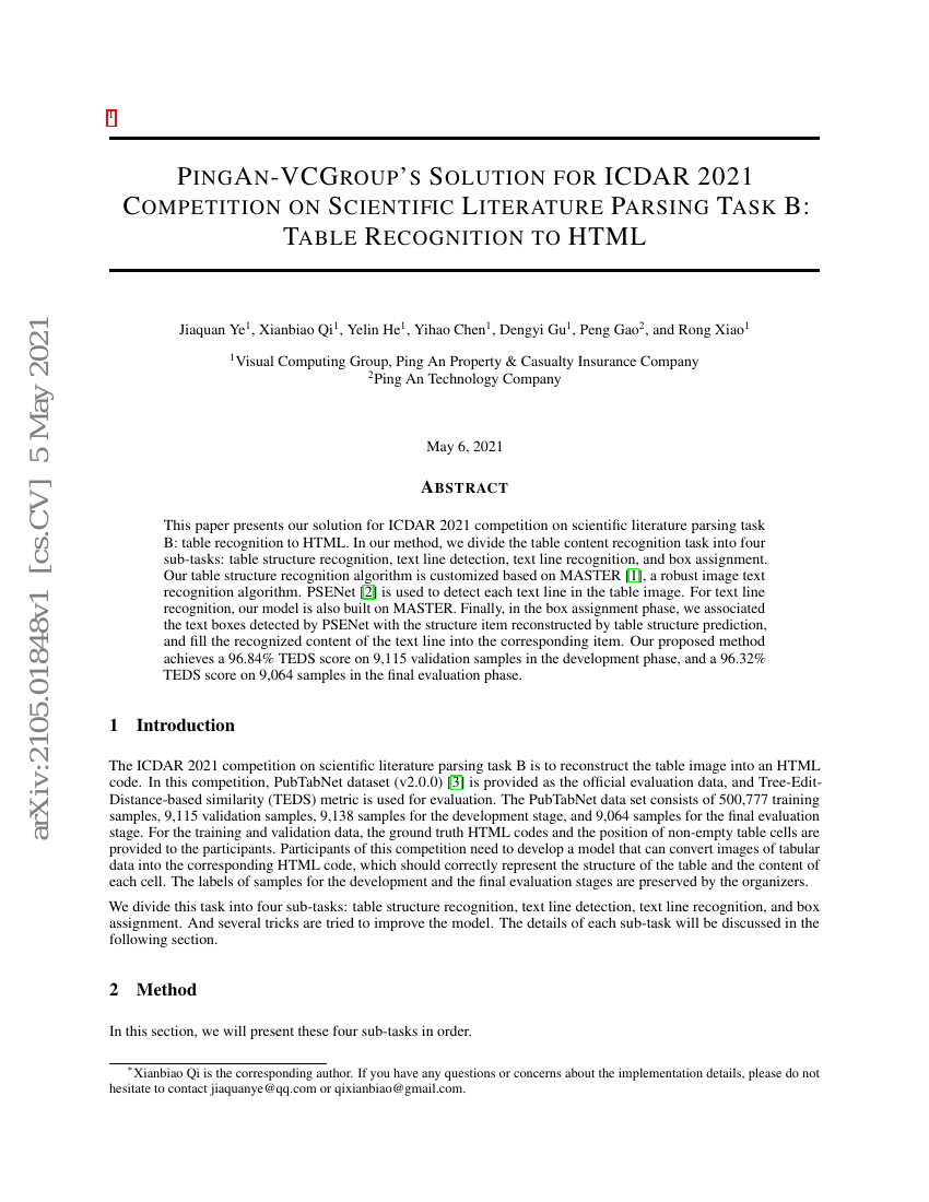 平安-VCGroup 的 ICDAR 2021 科学文献解析竞赛任务 B 解决方案:表格识别至 HTML