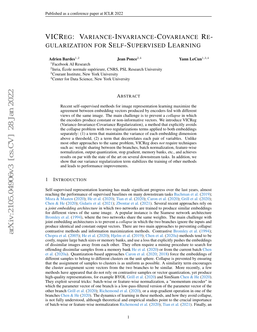 VICReg: Variance-Invariance-Covariance Regularization for Self ...