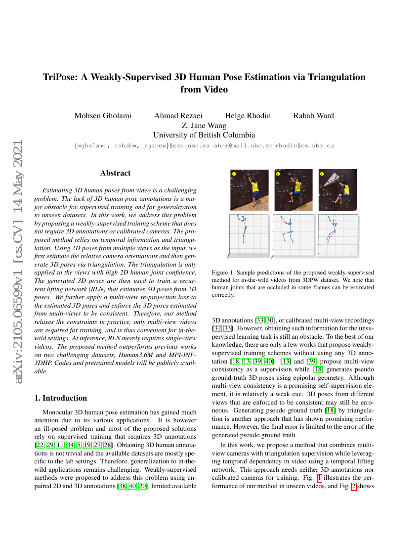 TriPose:基于视频三角测量的弱监督3D人体姿态估计