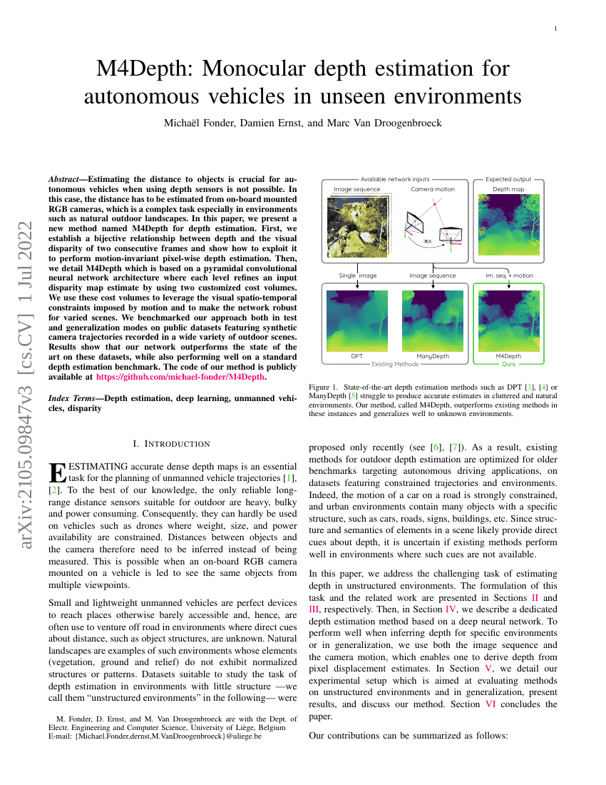 M4Depth:面向未知环境的自动驾驶车辆单目深度估计