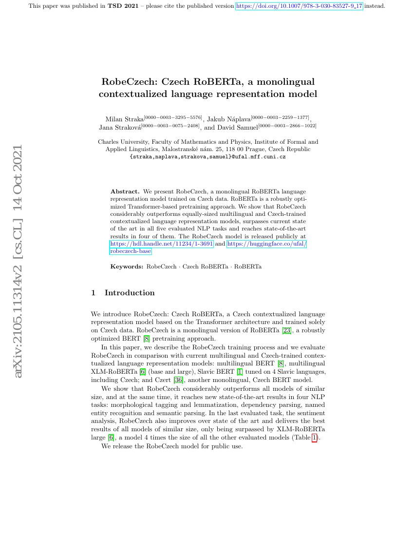 RobeCzech：一种面向捷克语的单语上下文语言表示模型，基于RoBERTa架构