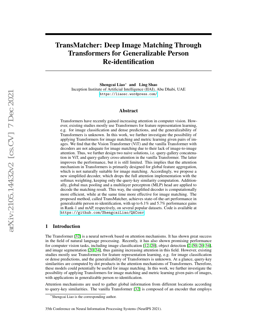 TransMatcher:通过Transformer实现深度图像匹配以实现泛化的人重识别