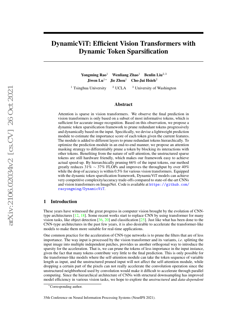 DynamicViT:具有动态稀疏化的高效视觉变换器