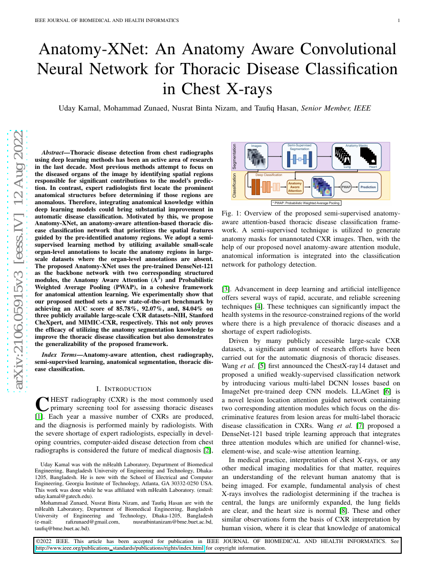 Anatomy-XNet:一种用于胸部X光片中胸腔疾病分类的解剖学感知卷积神经网络