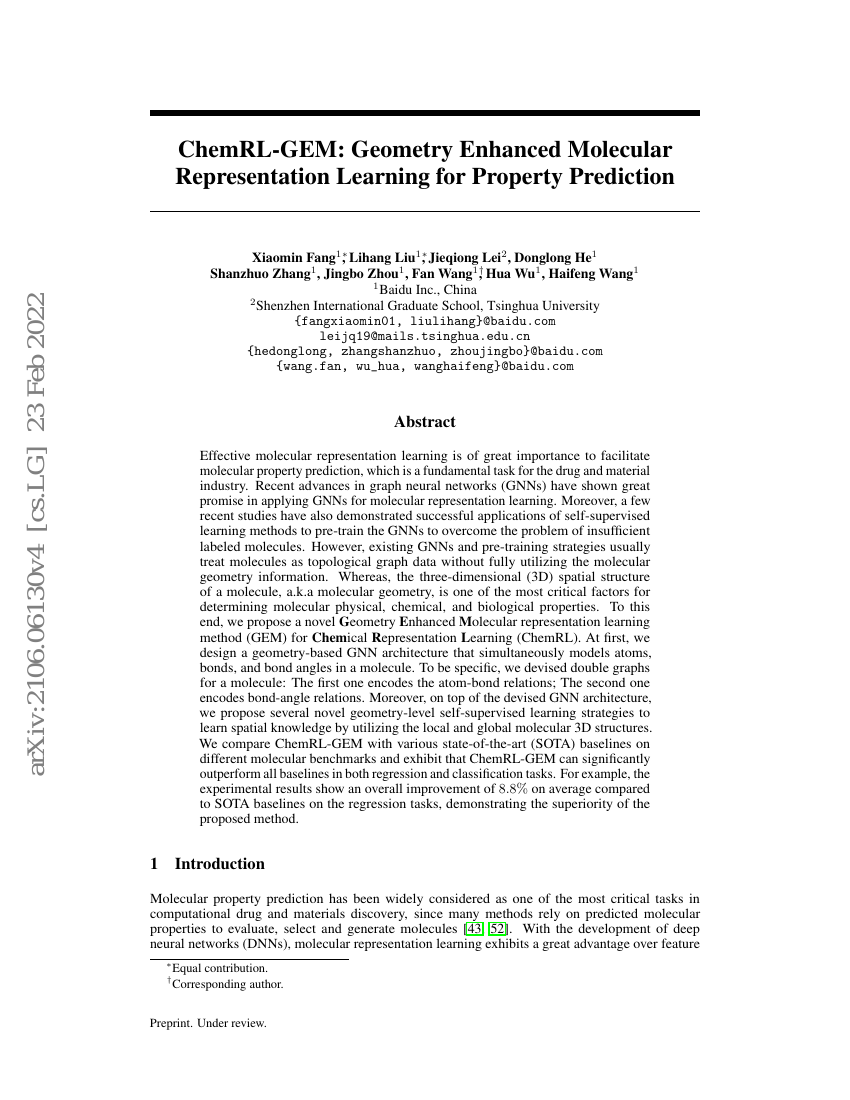 ChemRL-GEM:面向性质预测的几何增强分子表示学习