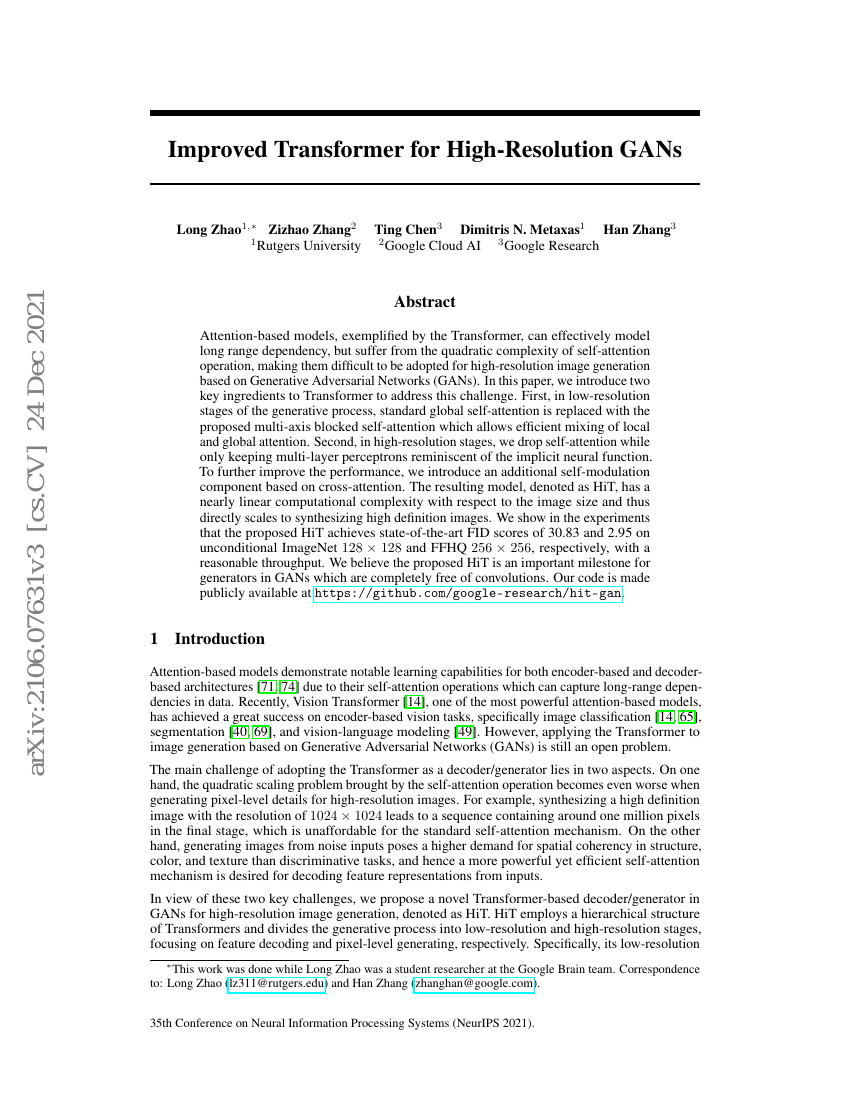 用于高分辨率GAN的改进型Transformer