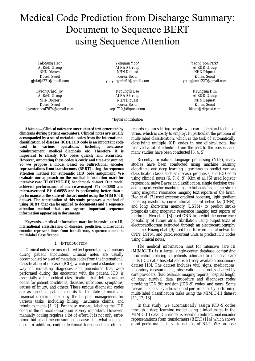 基于出院小结的医学编码预测:使用序列注意力机制的文档到序列BERT模型
