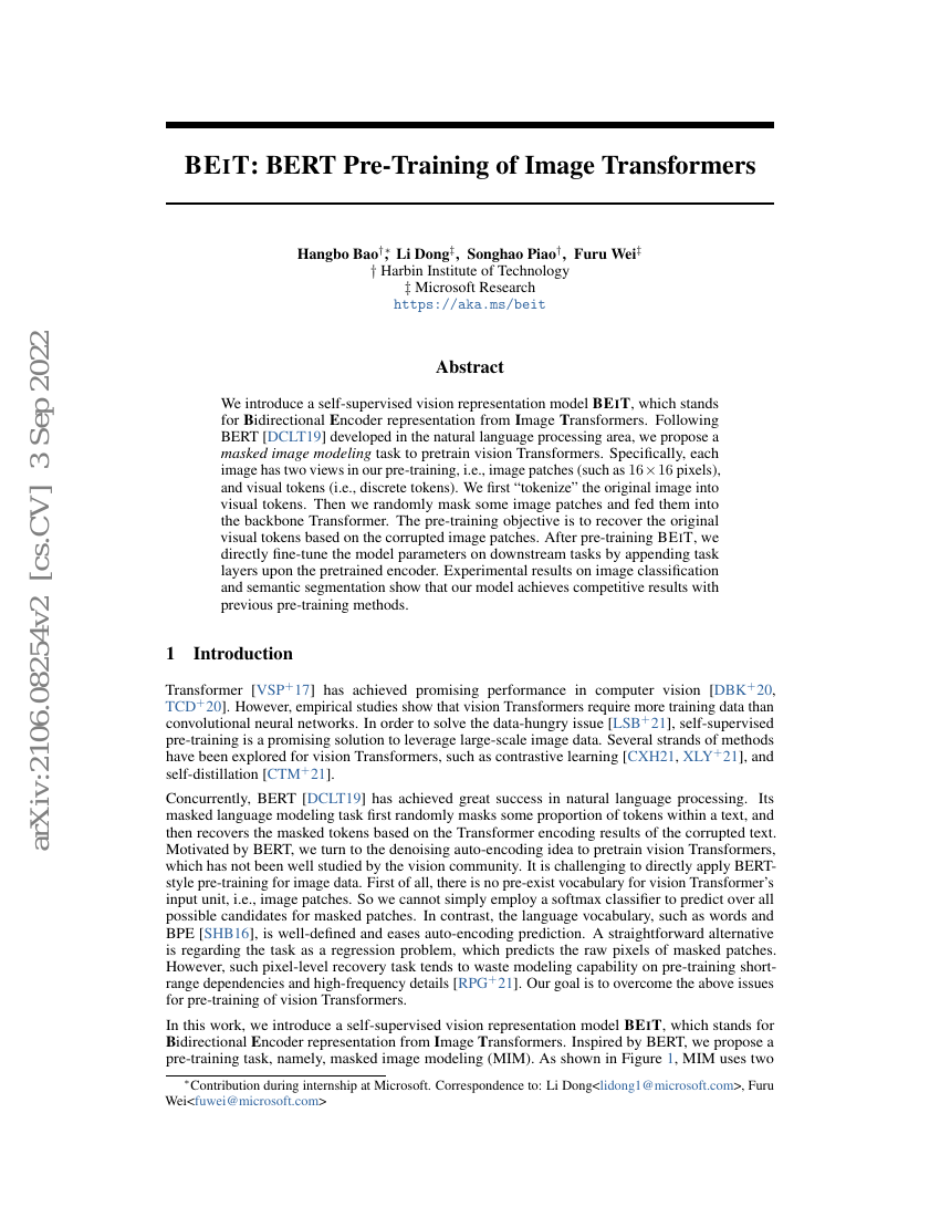 BEiT:图像Transformer的BERT预训练