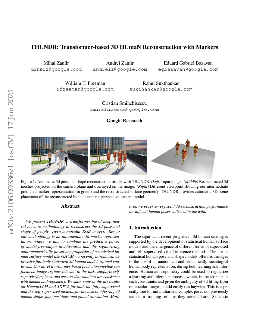 THUNDR:基于Transformer的带标记点3D人体重建