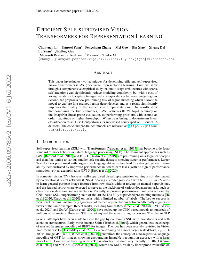 用于表征学习的高效自监督视觉Transformer